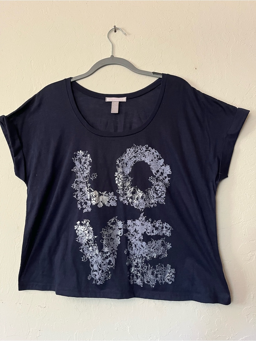 Weavers Navy Short Sleeve Scoop Neck Tee with Silver Floral LOVE Graphic